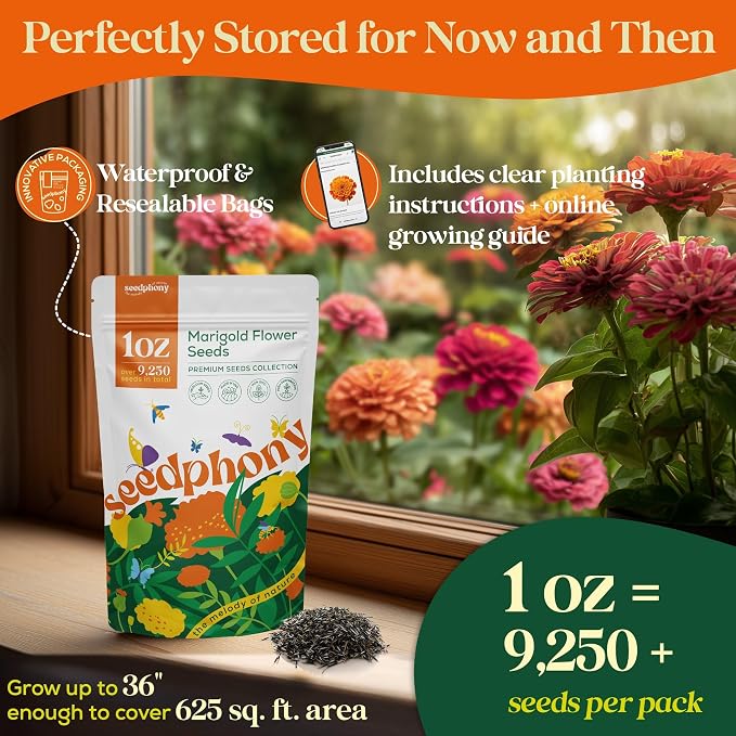 Seedphony Marigold Seeds Pack 1 oz - 9,250 Non-GMO Heirloom Marigold Seeds for Planting, Perennial Flowers in Waterproof Seed Packet, Wildflower Seeds for Planting Garden Indoor & Outdoor Gardening