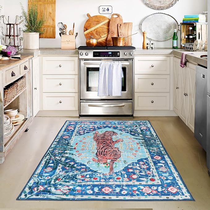 2x3 FT Leopard Rug for Living Room Vintage Animal Rug Aesthetic Rugs for Girls Room Nursery Bedroom Home Office Dorm Thin Bright Blue Carpet (Blue, 2X3 FT)