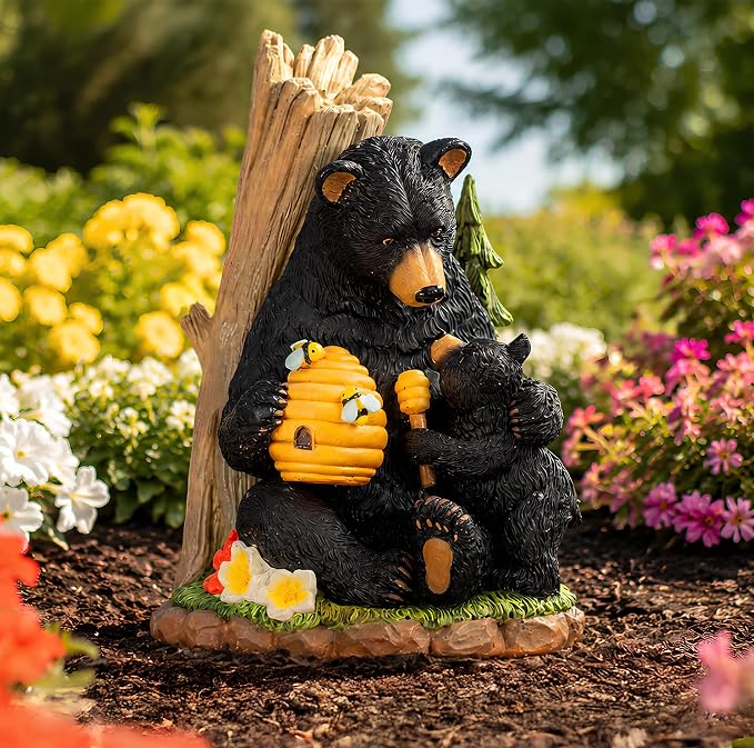 C&Y&G&X Solar Bear Garden Statue Lights, Black Bear & Cub Outdoor Resin Yard Decor for Patio Porch Lawn, Solar Garden Figurine with Light-Up Beehive, Housewarming Gifts for Garden Lovers