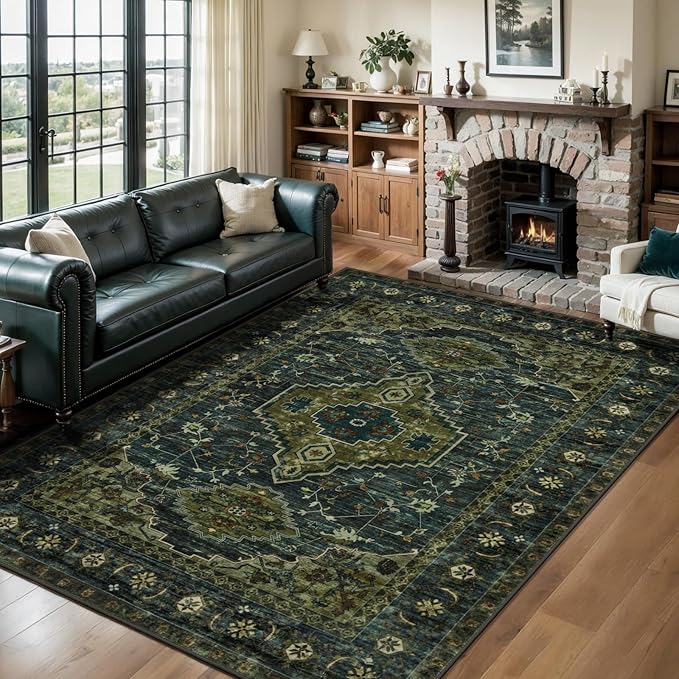 Tangsoo Green 8x10 Washable Area Rugs for Living Room, Non Slip Large Rug | Oriental Indoor Print Carpet, Vintage Boho Soft Low Pile Foldable Floor Rug for Bedroom Dining Room Olive Green Home Decor