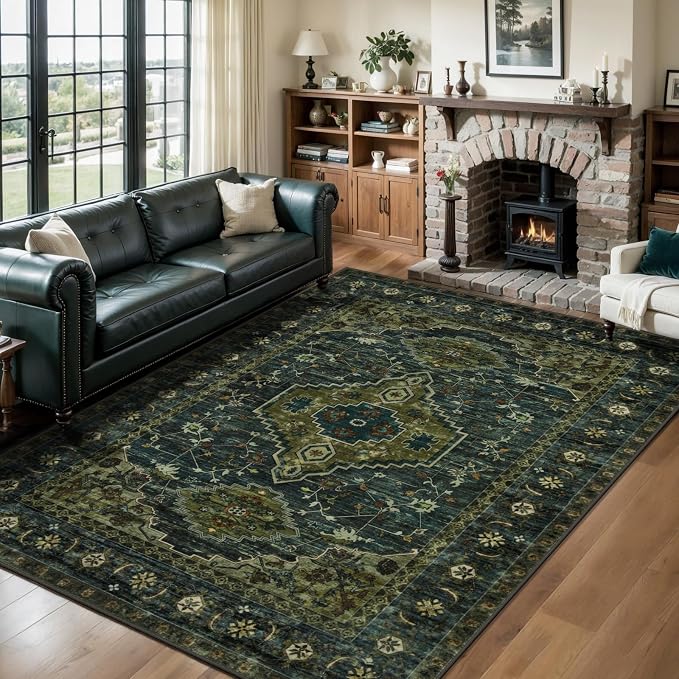 Tangsoo Green 6x9 Washable Area Rugs for Living Room, Non Slip Large Rug | Oriental Indoor Print Carpet, Vintage Boho Soft Low Pile Foldable Floor Rug for Bedroom Dining Room Olive Green Home Decor