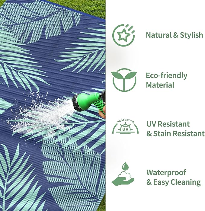 GENIMO Outdoor Rug 9' x 12' Waterproof for Patios Clearance, Reversible Outdoor Plastic Straw Camping Rug Carpet, Large Area Rugs Mats for RV, Camper, Deck, Balcony, Porch, Beach Royal Blue&Blue Green