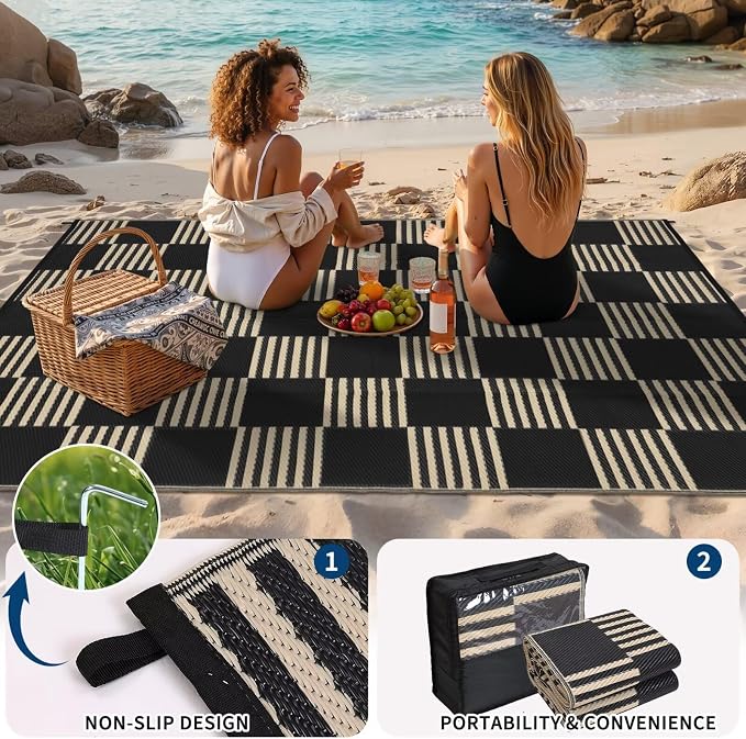 Garvee Waterproof Outdoor Rug 9x18, Checkered Foldable Plastic Straw Patio Camping Rug, Outdoor RV Carpet for Deck Camper Porch Balcony Backyard Picnic Beach Black and Brown