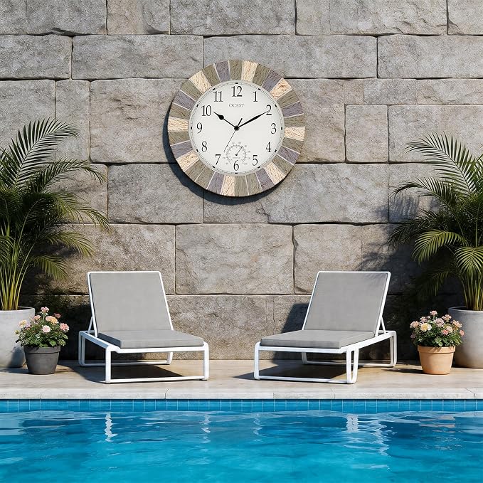 OCEST Indoor Outdoor Clock and Thermometer, 13 Inch Large Waterproof Wall Clocks, Retro Silent Non-Ticking Battery Operated Weatherproof Clock for Patio, Pool, Lanai, Fence, Porch, Garden