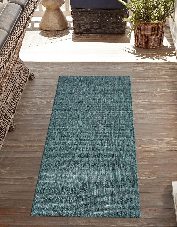 Unique Loom Outdoor Solid Collection Area Rug (2' 7" x 12' Runner Teal/Navy Blue)