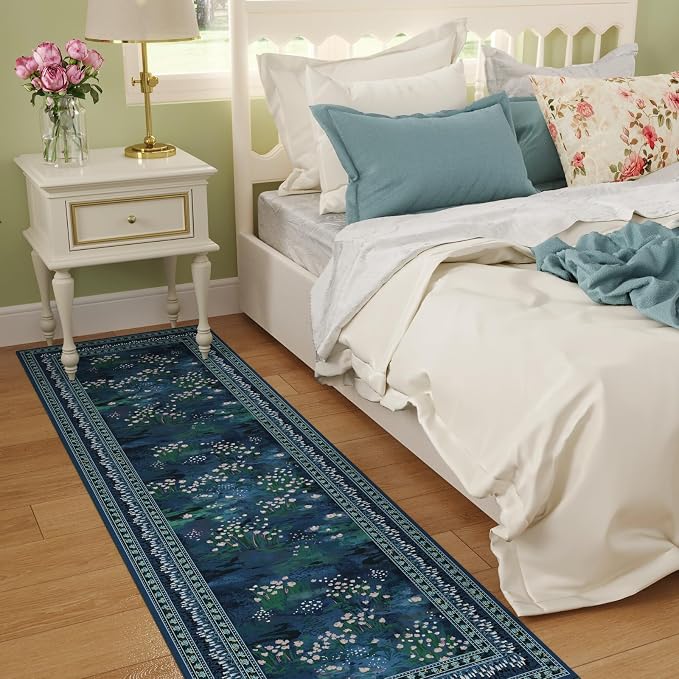 Rugcomf Runner Rug Impressionist-Style Vintage Kitchen Rugs Non Slip Washable Soft Carpet Runner for Kitchen Laundry Bedroom Bathroom, Blue