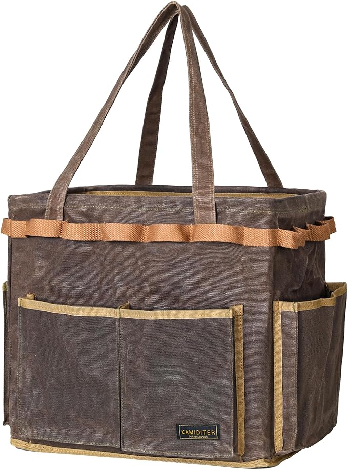 Self-Standing Tool Bag with 6 Pockets & 23 Hanging Holes - Collapsible Reusable Wire Frame Rectangular Basket, Easy Tool Access, 14" x 13" x 10" | Grey