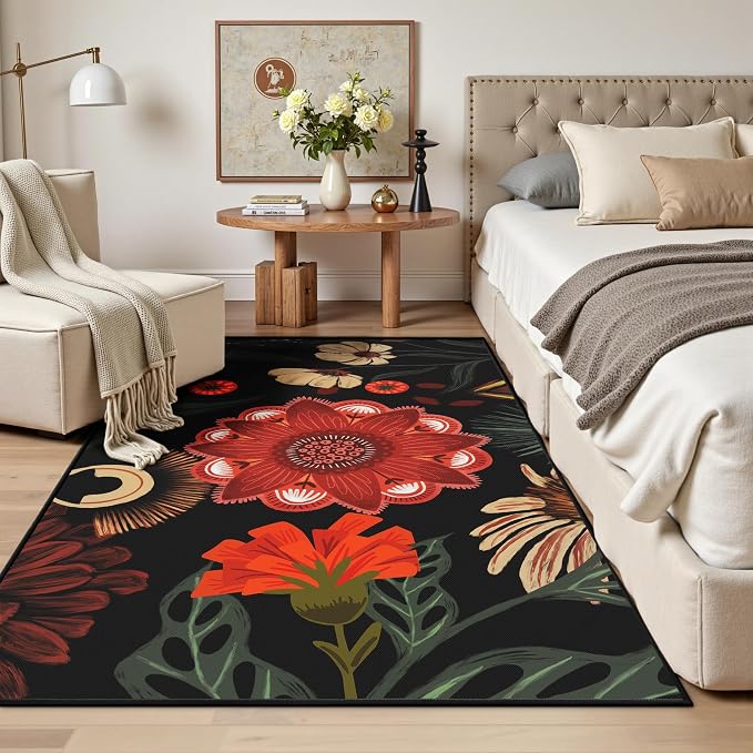 Tyrot Vintage Boho Floral 3x5 Washable Area Rug Flat Woven Ultra-Thin Low-Pile Botanical Rugs Non-Slip Indoor Rug for Bedroom, Entryway, Kitchen, Dorm, Kids Room, Nursery, Black Red