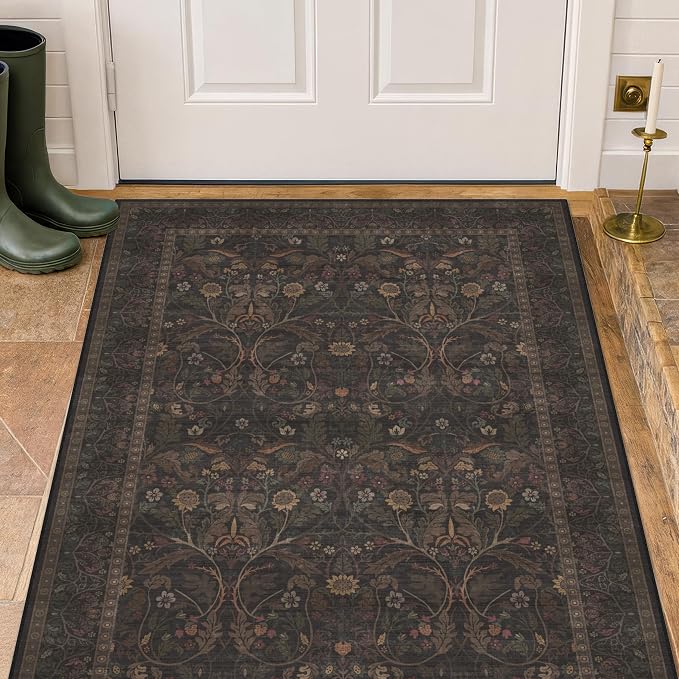 Rustic Brown 3x4 Large Washable Entryway Rug Indoor - Stain Resistant Kitchen Sink Floor Mat Non Slip, Dark Floral Pattern Cabin Area Rug for Bedroom Beside Bed, Mudroom