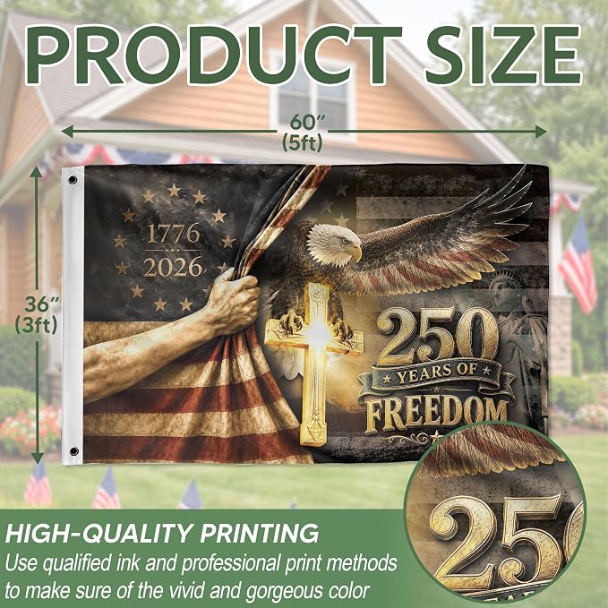 250 Anniversary Usa Flag With Brass Grommets, 4th Of July Decorations Outdoor, Front & Back Printed, Flags For Outside 3x5, American Flag With Eagle, 250th Anniversary Usa Commemorative Flags 4