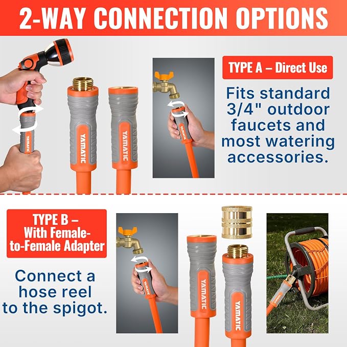 YAMATIC 5/8 in x 15 ft Female-to-Female Short Garden Hose, 2-in-1 Dual Use with Solid Brass Swivel Fitting, All-Weather, 600 PSI Burst
