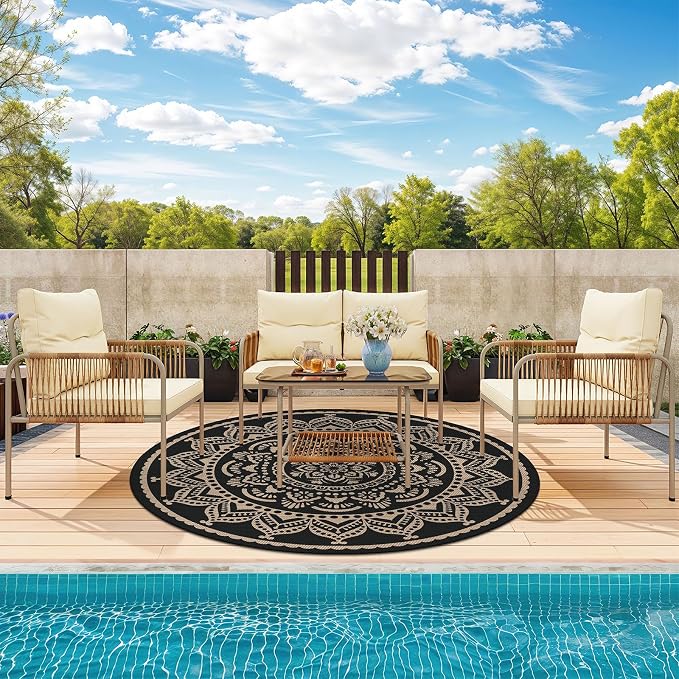 Bsmathom Waterproof Outdoor Rug, 6ft Round, Black | Reversible, Boho Plastic Straw, Portable RV Mat, For Patio Deck Camping Porch Balcony Backyard Beach Pool