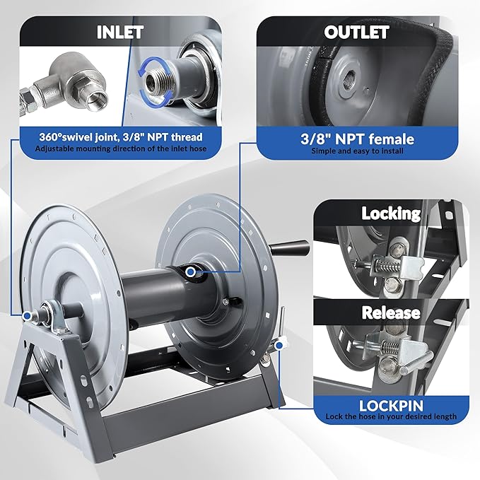 FIXFANS Pressure Washer Hose Reel, 300FT x 3/8" or 500FT x 1/4" Heavy Duty Hose Reel, Manual Crank Power Washer Hose Reel with M22 Fitting, Wall/Floor/Truck Mounted, 4000 PSI