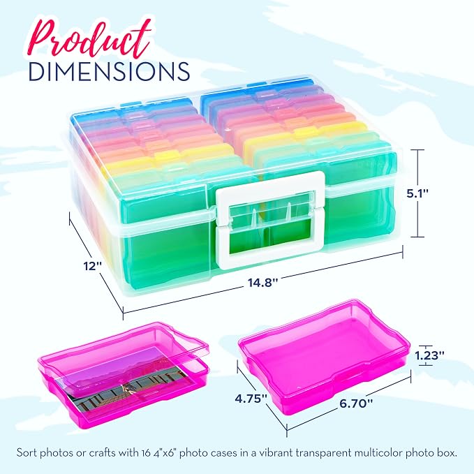 4E's Novelty 16 Pack Clear Multicolor Photo Box for Crafts, Supplies 4x6 Photo Cases & Photobox, Classroom Storage and Organization Box Plastic Transparent for Scrapbooking Container Organizer