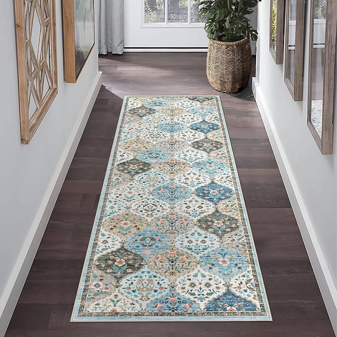 ROYHOME Runner Rug Trellis Washable Hallway Runner Rug 2' x 6' | Stain Resistant Non-Slip Distressed Floral Runner Entrance Carpet for Bedroom Laundry Kitchen Entryway, Blue/Taupe