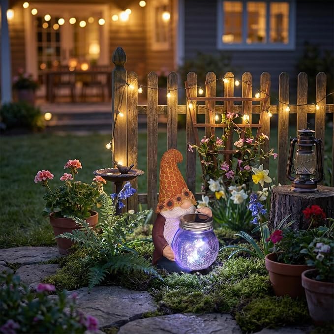 Lyeasw Solar Gnome Decor with Honeycomb Lantern, Outdoor Garden Decor | 10 Inch Resin Figurine with LED Glow, Weather Resistant Garden Accent for Patio, Porch, Yard & Gift for Garden Lovers