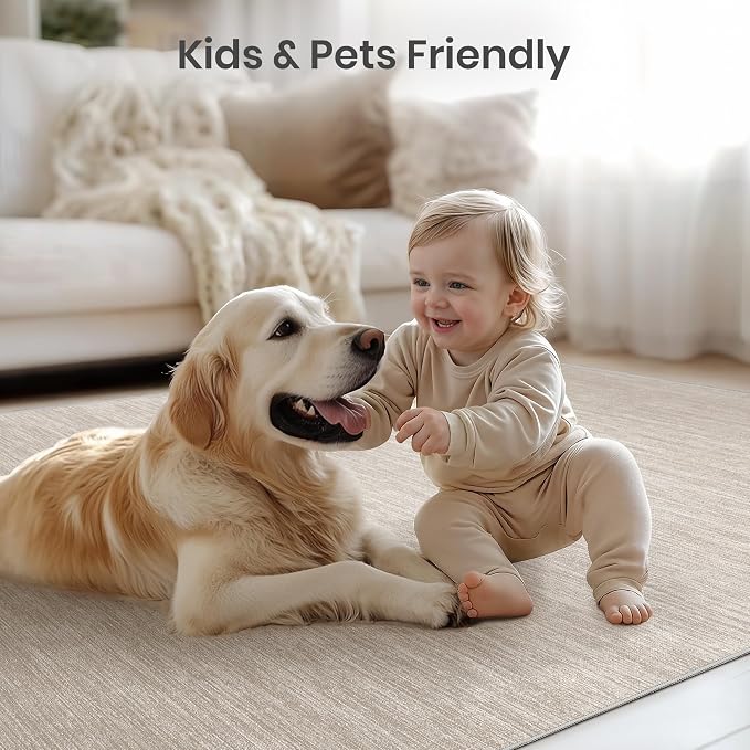 Valenrug Washable Rugs 5x7, Non Slip Large Area Rugs for Living Room, Beige | Soft Low Pile, Thin & Lighweight Carpet, Folable Stain Resistant Modern Indoor Floor Mat for Bedroom, Dining Room, Home Decor