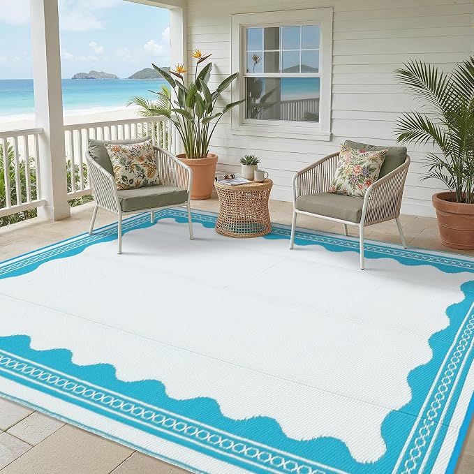 Garvee Outdoor Rug 9x12 Scalloped Waterproof Patio RV Outdoor Rugs Reversible Foldable Plastic Straw Rug Modern Camping Carpet for Deck Camper Porch Balcony Backyard Picnic Beach Light Blue