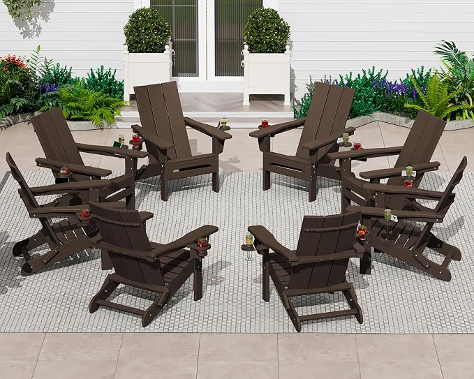 SERWALL Modern Adirondack Chairs Set of 4, Folding Adirondack Chair with Cup Holders, Outdoor HDPE Adirondack Chair for Patio Lawn Garden, Coffee