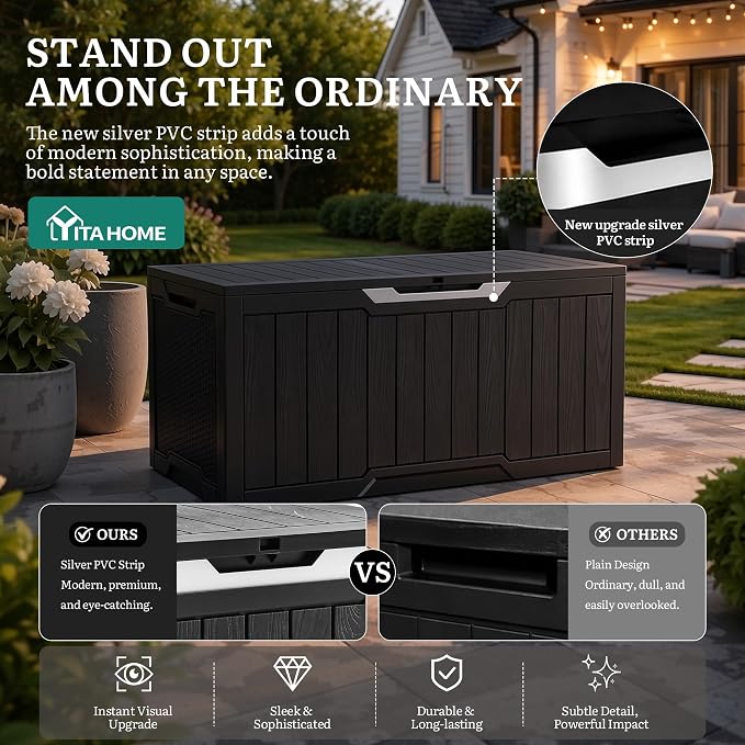 YITAHOME 100 Gallon Large Outdoor Storage Box, Water Resistant Resin Deck Box w/Silver Decorative PVC Trim Pane, Lockable Rattan Storage Container for Patio, Garden, Cushions, Tools(Black & Silver)
