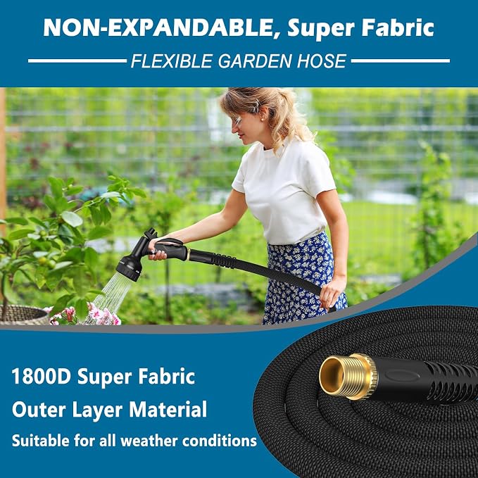 Garden Hose 50ft, Non-Expandable Lightweight & Flexible Water Hose, with 10-Pattern Spray Nozzle, Super Fabric, Leak-Proof 3/4" Solid Brass Alloy Connector Fittings, Durable