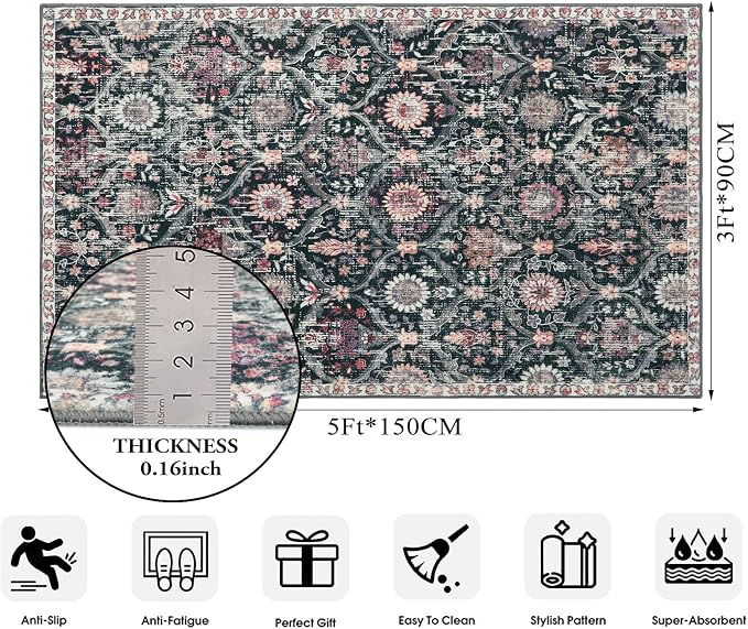 Lahome Moroccan Small Washable Rugs, 3x5 Black Rug for Bedroom Living Room | Trellis Non-Slip Oriental Throw Carpet for Kitchen Office Entryway Bathroom Office Elise Black/Multi