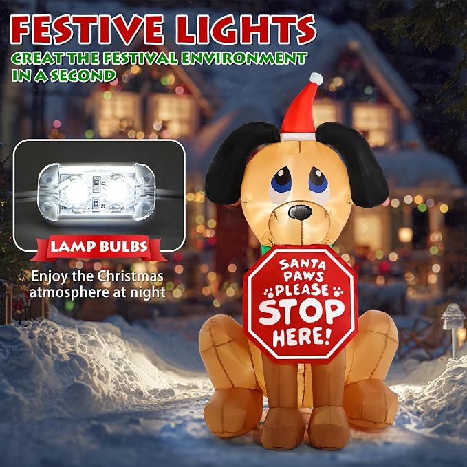 Christmas Inflatable Outdoor Decorations, 4FT Inflatables Dog Yard Decor with Hat & Sign, LED Lights Blow up Puppy Holiday Decorations for Indoor Outside Lawn Garden