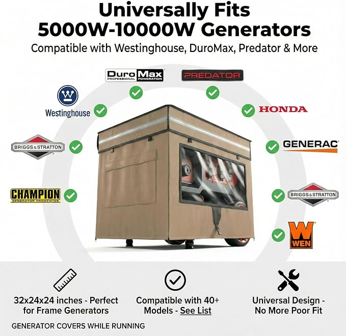 Generator Covers While Running, 32"L x 24"W x 24"H Heavy Duty Waterproof Generator Covers for Outside, Compatible with 5000W-10000W Generator, Overall Protection for Generator, Khaki