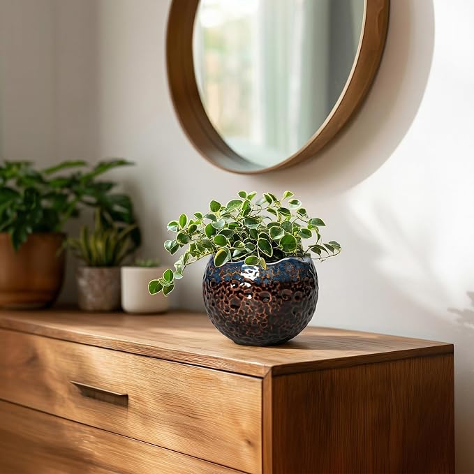 Ceramic Plant Pots - 4 Inch Pots for Plants with Drainage and Plug, Small Planters for Indoor Plants Outdoor, Modern Planter, Small Flower Pot, Room Decor, Plant Lovers Gifts, Brown-Blue