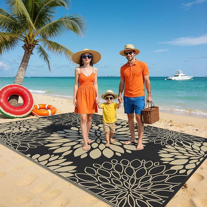 Ileading Waterproof Outdoor Rug 6x9, Reversible Plastic Straw Patio Rug, Portable Indoor Outdoor RV Camping Mat Carpet for Deck, Porch, Balcony, Backyard, Picnic, Floral Black