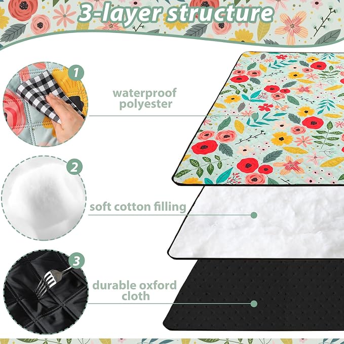 Tegeme Beach Picnic Blanket Floral Waterproof Outdoor Blanket 80''x80'' Extra Large Portable Sandproof Machine Washable 3 Layer Thick Gingham Picnic Mat for Beach Camping Park Grass(Green)