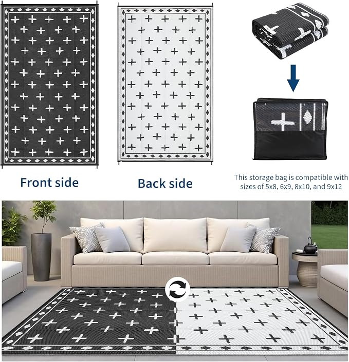 Waterproof Outdoor Rug 8x10, Modern Reversible Plastic Straw Patio Camping Rugs, Outdoor Indoor RV Mat Carpet for Patio, Outside Entry, Backyard, Deck, Bench, Picnic, Camper，Black/White