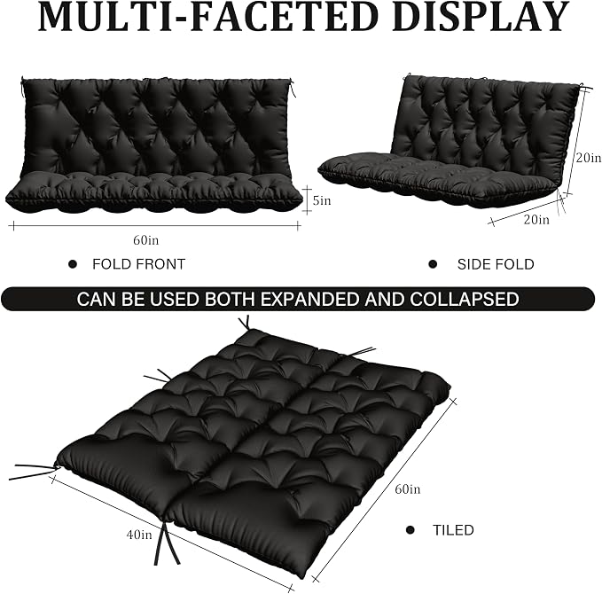 Porch Swing Cushion with Backrest,Waterproof Bench Cushion for Outdoor Furniture,2-3 Seater Replacement Thickened 5 in swing cushion,with Ties,Patio,Outdoor,Backyard and Garden (Black,60x40 in)