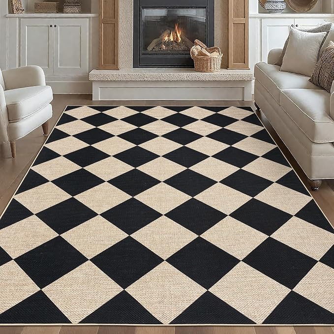 GarveeHome Easy Jute 8x10 Area Rugs for Living Room Checkered Rugs Black | Machine Washable Non-Slip Backing Indoor Outdoor Carpets for Farmhouse Dining Room Nursery Patio