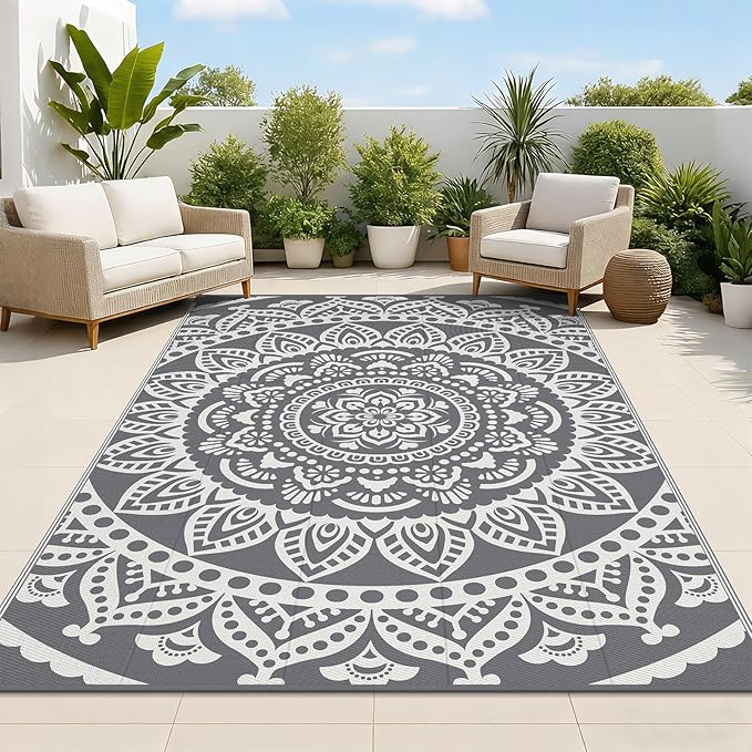 Bsmathom Waterproof Outdoor Rug 5'x8' Grey | Reversible, Boho Plastic Straw, Portable RV Mat, Indoor Outdoor, For Patio Deck Camping Beach Pool