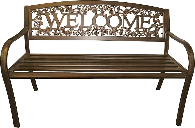Leigh Country Metal Outdoor Bench, Welcome Design, Decorative Patio Seating for Porch/Deck