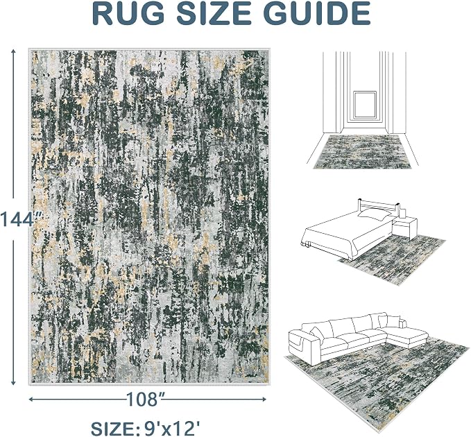 Area Rugs 9x12 Living Room: Washable Rug Modern Abstract Large Rugs Soft Non Slip Neutral Rug Stain Resistant Indoor Carpet for Bedroom Kitchen Dining Room Home Office Rugs(Black Grey Gold,9'x12')