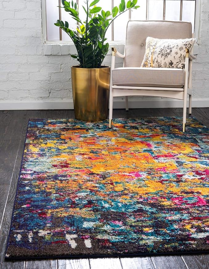 Unique Loom Estrella Collection Dark Colors, Modern, Abstract, Distressed Area Rug (7' 0 x 10' 0 Rectangular, Multi/Navy Blue)