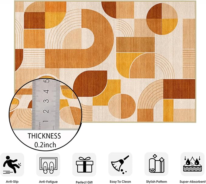 Orange Rug 2x6 Hallway Runner Rug Geometric Mid Century Modern Rugs | Washable Abstract Low Pile Non-Slip Geometric Long Carpet for Kitchen Bedroom Doorway Bathroom Laundry