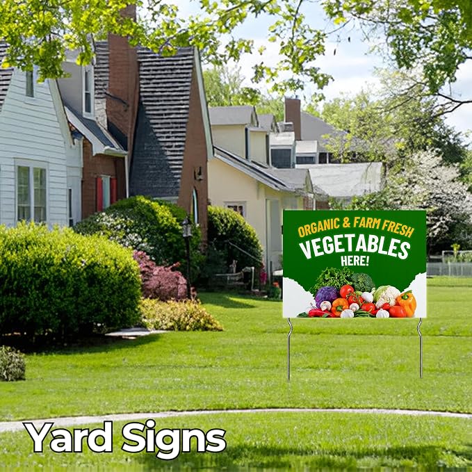 Organic & Farm Fresh Vegetables Here! Yard Sign by DC | 24"x18" Double Sided Conv. Store Garden Sign with 13” Metal Stakes | Outdoor Signs Waterproof for Lawn, Patio, Sidewalk & House | Set of 5