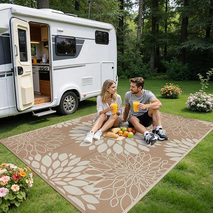 Ileading Waterproof Outdoor Rug 6x9, Reversible Plastic Straw Patio Rug, Portable Indoor Outdoor RV Camping Mat Carpet for Deck, Porch, Balcony, Backyard, Picnic, Floral Brown