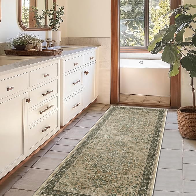 Vintage 3x6 Runner Rug Non Slip, Washable Thin Kitchen Runner, Distressed Medallion Carpet Runners for Hallway 6ft Indoor Entryway/Bedroom/Foyer/Laundry Room/Bathroom, Multi Brown/Olive
