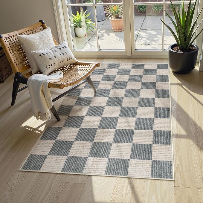 LIVEBOX 3x5 Washable Area Rug Checkered Clearance, Non-Slip Small Entryway Rug Grey Farmhouse Neutral Classic Geometric Boys Rug for Bedroom Living Room Low-Pile Carpet for Indoor Kitchen(Grey 3'x5')