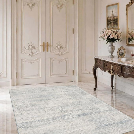 Latte&Fog 3x5 Entryway Blue Area Rugs, Vintage Washable Rugs Boys Bedroom | Non Slip Low Pile Soft Floral Cute Carpet for Dining Kitchen Kids Playroom Nursery Guest Room Classroom Dorm Farmhouse Office