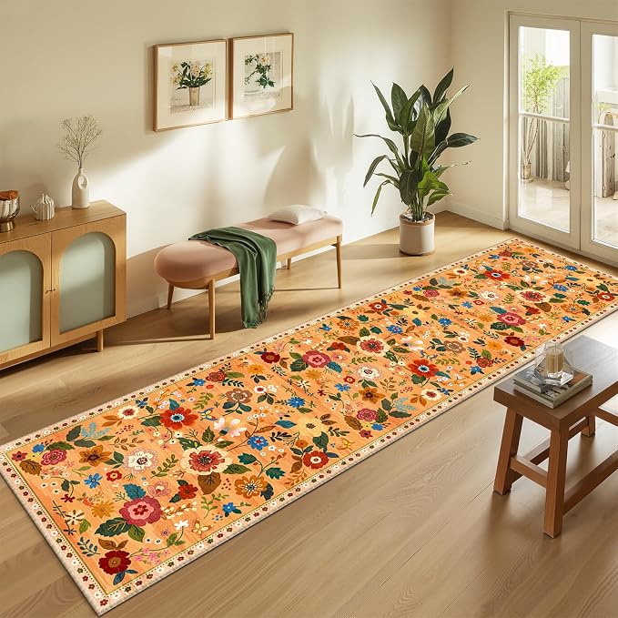 Floral Washable 2x8 Area Rugs Runner Entryway Hallway Orange/Yellow/Red | Flower Carpet, Print, Boho, Non-Slip, Easy to Clean, Low Pile, Soft, for Living Room Bedroom Kitchen Office Entrance