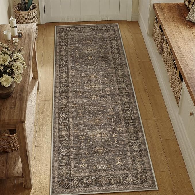 2x6 Dark Brown Vintage Runner Rug | Washable, Non Slip, Soft Low Pile, Traditional Farmhouse, for Hallway Kitchen Laundry Bathroom Bedroom