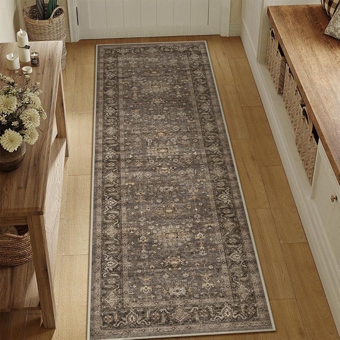 2x5 Dark Brown Vintage Runner Rug | Washable, Non Slip, Soft Low Pile, Traditional Farmhouse, for Hallway Kitchen Laundry Bathroom Bedroom
