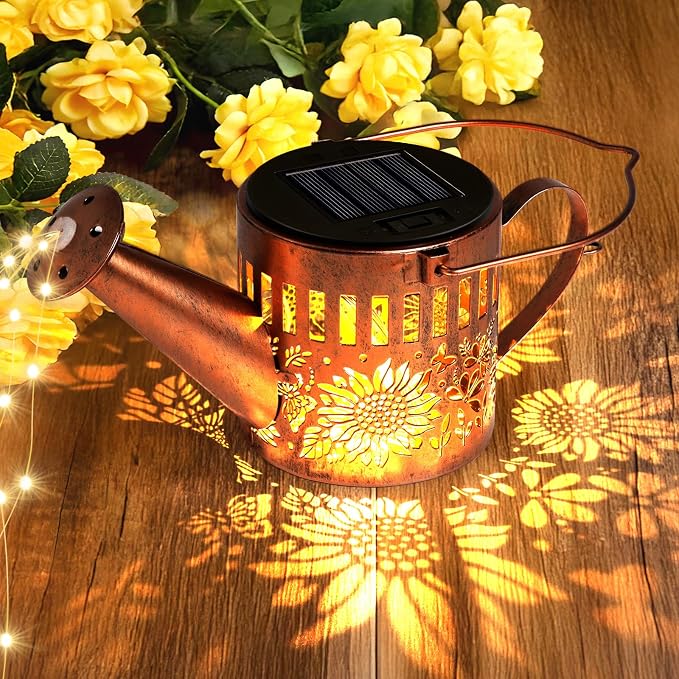2 Pack Solar Watering Can Lights, Metal Solar Lights Outdoor Decorative with Dog Silhouette Stake, Waterproof Hanging Lantern Garden Decor Light for Outside, Patio, Yard, Birthday Gifts for Women