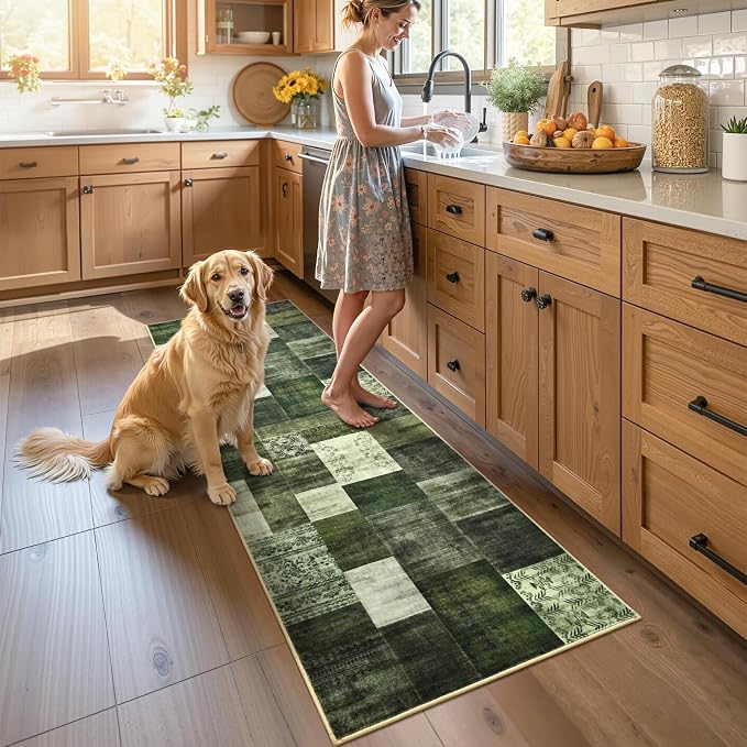 Runner Rug for for Hallways, 2'x6' Washable Kitchen Rugs with Non Slip Rubber Backing, Soft Low Pile Non-Shedding Geometric Carpet for Laundry Bedroom Bathroom, Green