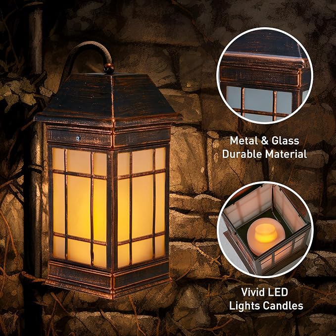 15.5" Solar Lantern Outdoor Waterproof, Glass Flickering Flame Solar Lanterns, Hanging Metal Lantern Decorative for Patio Front Porch Garden Backyard Tabletop Mothers Day Gifts Mom